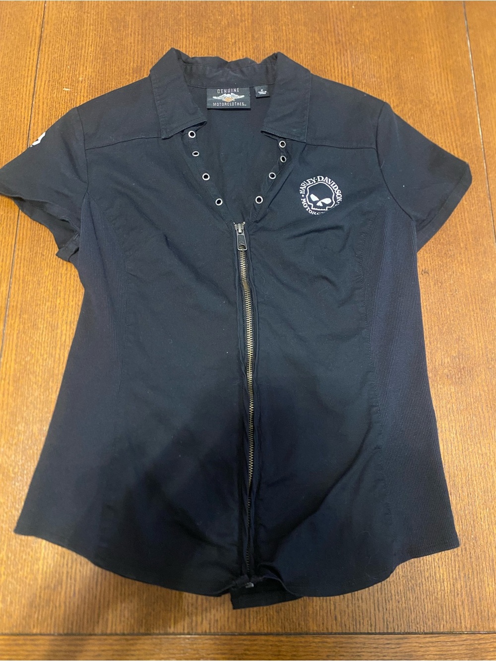 Harley-Davidson Black Short Sleeve Zip Front Shirt with Skull Logo